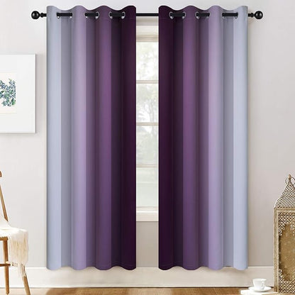 Yakamok Room Darkening Greyish White and Purple Ombre Curtains for Bedroom, Thickening Polyester Thermal Insulated Grommet Gradient Color Drapes for Living Room (52W x 72L / 2 Panels)