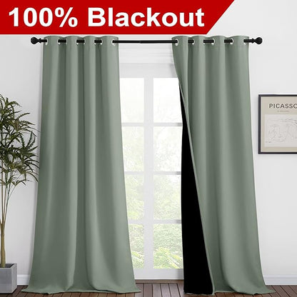 NICETOWN Greyish Green Blackout Curtains 90 inches Long, Full Light Blocking Drapes with Black Liner for Nursery, Thermal Insulated Draperies for Hall, Villa (2 Pieces, 46" Wide Each Panel)
