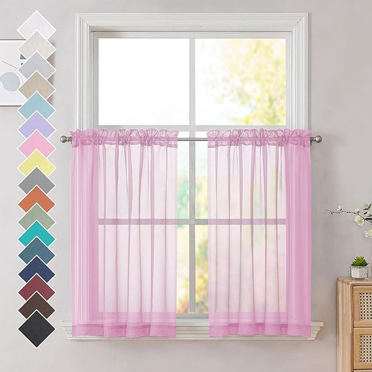 OVZME Light Pink Sheer Curtains 36 inch Length Kitchen Tiers Short Voile Curtains/Drapes Solid Sheers Cafe Curtains Voile Bathroom Small Half Window Curtains 2 Panels Set, Rod Pocket, 42" Wx36 L