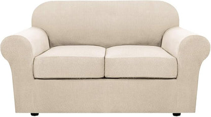 H.VERSAILTEX 3 Piece Stretch Sofa Covers for 2 Cushion Loveseat Couch Covers for Living Room Sofa Slipcovers (Base Cover Plus 2 Seat Cushion Covers) Thicker Jacquard Fabric(Medium Sofa, Natural)
