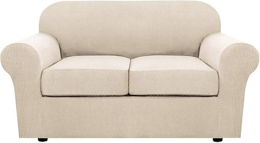 H.VERSAILTEX 3 Piece Stretch Sofa Covers for 2 Cushion Loveseat Couch Covers for Living Room Sofa Slipcovers (Base Cover Plus 2 Seat Cushion Covers) Thicker Jacquard Fabric(Medium Sofa, Natural)