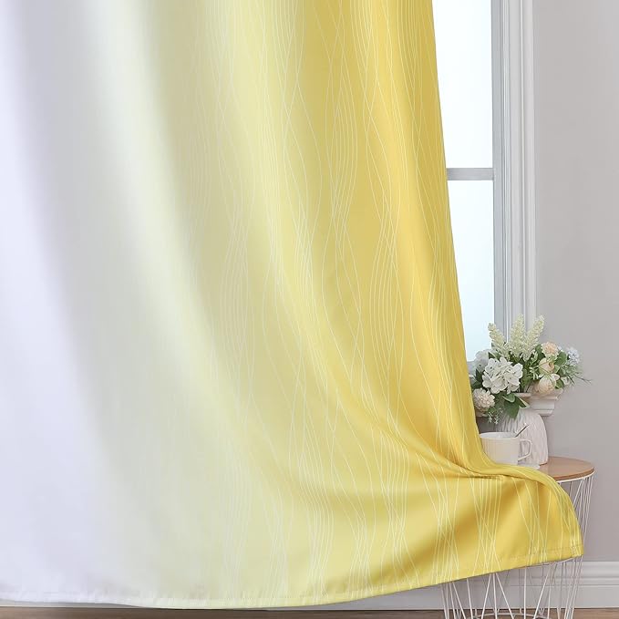 Estelar Textiler Yellow and Greyish White Gradient Room Darkening Blackout for Living Room, Thermal Insulated Ombre Light Blocking Grommet Blackout Drapes for Bedroom, 42Wx84L, 2 Panels