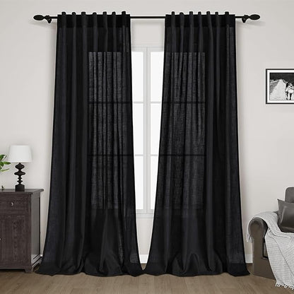 Nanspring Black Curtains 95 Inches Long 2 Panel Set Back Tab Sheer Black Linen Curtain Modern Farmhouse Muslin Look Cotton Textured Gauze Drapes 95 inch Length for Patio Sliding Door Office Bedroom