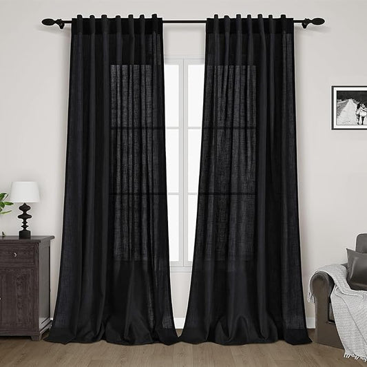 Nanspring Black Curtains 95 Inches Long 2 Panel Set Back Tab Sheer Black Linen Curtain Modern Farmhouse Muslin Look Cotton Textured Gauze Drapes 95 inch Length for Patio Sliding Door Office Bedroom