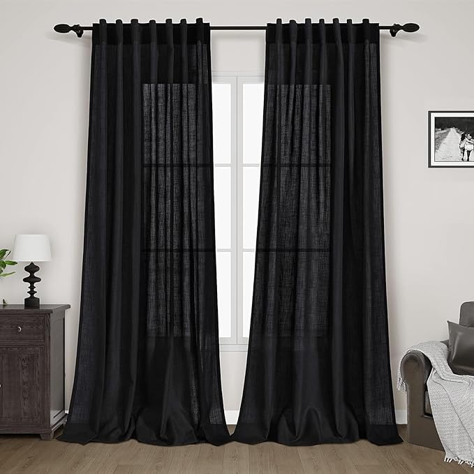 Nanspring Extra Long Black Curtain 102 inches Long 2 Panels Set for Living Room Back Tab Modern Farmhouse Muslin Look Decor Cotton Textured Sheer Linen Curtains 102 inch Length for Large Window