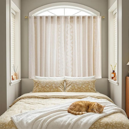 jinchan Belrose Linen Floral Cafe Curtains 54 Inch Length Embroidered Farmhouse Curtains for Kitchen Bedroom Bathroom Small Windows Curtain Set Light Filtering 2 Panels Ivory