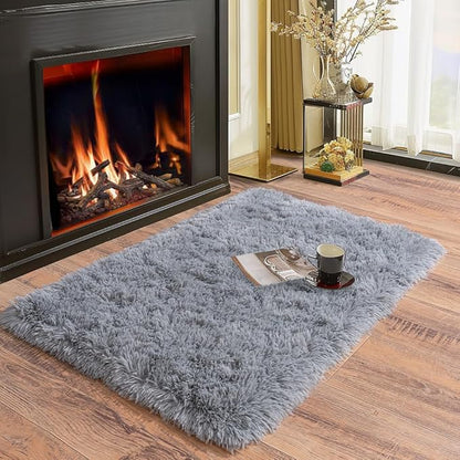 Soft Runner Rugs for Bedroom Hallways, 2x3 Grey Fluffy Shag Throw Area Rug Non Slip for Bedside Dorm, Long Shaggy Furry Carpet for Nursery Living Room