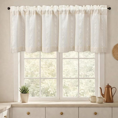 Boho Kitchen Valance for Windows, Beige Linen Blend Textured Fabric with Cotton Embroidery Vintage Western Rustic Style Light Filtering Rod Pocket Window Treatment, 52 x 18 Inch, 1 Panel