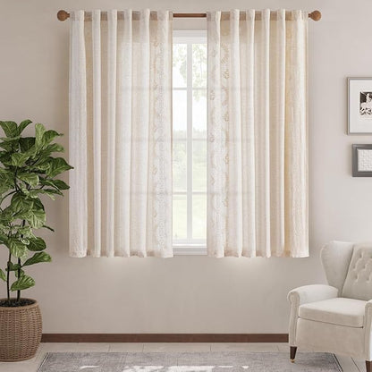 jinchan Belrose Linen Curtains for Bedroom Floral Curtains 63 Inch Length Linen Blend Ivory Embroidered Drapes Farmhouse Flower Patterned Drapes for Living Room Window Treatments Set 2 Panels