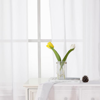 Lecloud White Sheer Curtains 48 Inch Length 2 Pcs, Light Filtering Voile Bathroom Curtains for Bedroom Basement Living Room, Farmhouse Window Treatments Rod Pockets Drapes, Each Panel 42" W x 48" L