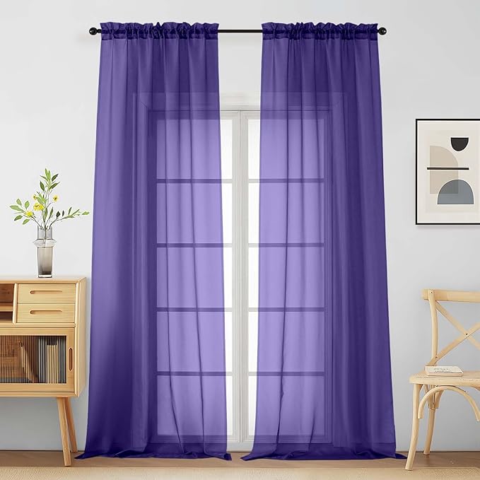 Purple Sheer Curtains for Window 96 Inches Long 2 Panels Set, Soft Airy Light Filtering Voile Sheer Curtains for Living Room Bedroom, Dual Rod Pocket Elegant Window Drapes, 2x42Wx96L Inches
