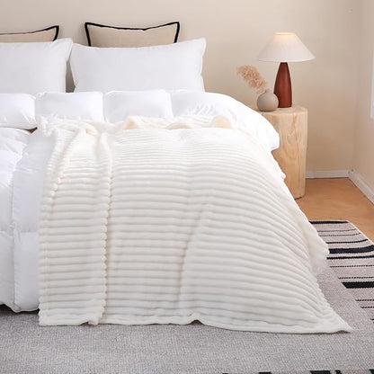 Cream White Fleece Throw Blanket 108”×90” for Couch Sofa Bed,Super Soft Cozy Plush Microfiber Flannel Blanket with Stripes Design Lightweight for Adults,Woman,Girls