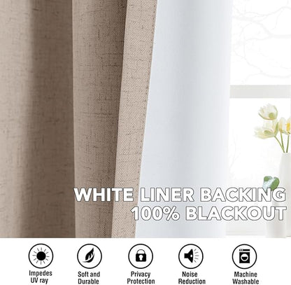 H.VERSAILTEX Linen Curtains 100% Blackout Curtains for Bedroom 102 inch Long Full Light Blocking Nature Linen Blended Window Curtains for Living Room Nickel Grommet (2 Panels, Heathered Sand)