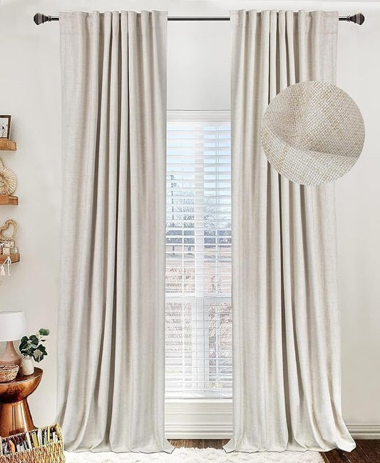 100% Blackout Shield Linen Blackout Curtains for Bedroom 63 Inches Long, Back Tab/Rod Pocket Living Room Drapes, Thermal Insulated Blackout Curtains 2 Panels Set, 50" W x 63" L,Cream