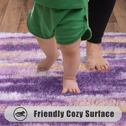 Soft Runner Rugs for Bedroom Hallways, 2x6 Abstract Purple Fluffy Shag Throw Area Rug Non Slip for Bedside Dorm, Long Shaggy Furry Carpet for Nursery Living Room