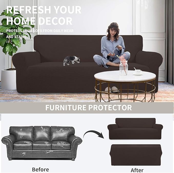 Easy-Going Stretch Oversized Loveseat Slipcover 1-Piece Sofa Cover Furniture Protector Couch Soft with Elastic Bottom for Kids Polyester Spandex Jacquard Fabric Small Checks Chocolate