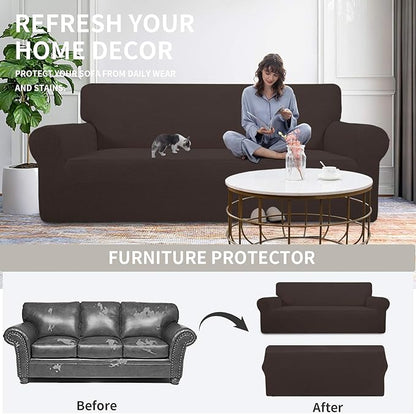 Easy-Going Stretch Oversized Loveseat Slipcover 1-Piece Sofa Cover Furniture Protector Couch Soft with Elastic Bottom for Kids Polyester Spandex Jacquard Fabric Small Checks Chocolate