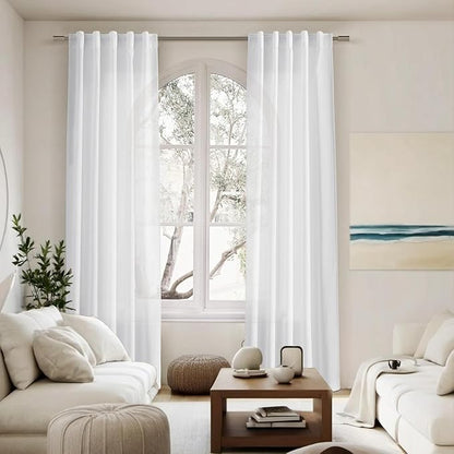 White Linen Curtains for Living Room 54 inch Length White Light Filtering Semi Sheer Curtains Panels Back Tab and Rod Pocket Modern Farmhouse Drapes Curtain for Bedroom, 2 Panels 34 x 54 Inch