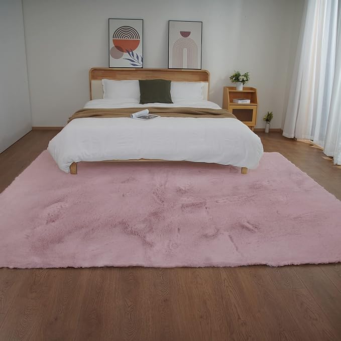 Ghouse Pink 8x10 Area Rugs Fluffy Faux Rabbit Fur Pink Fuzzy Rug Plush Shag Rugs for Living Room Bedroom, Playing Room, Nursery Room