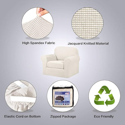 H.VERSAILTEX 2-Pieces Armchair Cover Chair Slipcovers with Arms Furniture Protector Cover Fit Width Up to 47 Inch, Jacquard Spandex Polyester Couch Covers Armchair Slipcover - Ivory, Chair