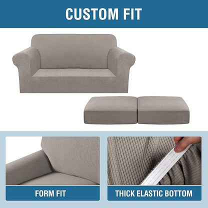 H.VERSAILTEX 3 Piece Stretch Sofa Covers for 2 Cushion Loveseat Couch - Thicker Jacquard Fabric (Medium Sofa, Taupe)