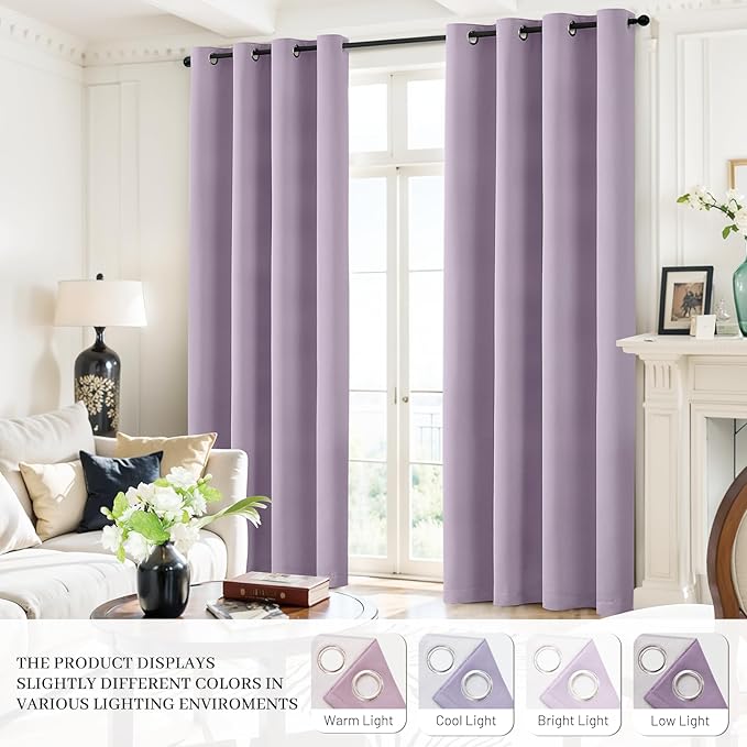Yakamok Lilac 100% Blackout Curtains 84 Inches Long with 2 Thick Layers-Light Purple Room Darkening Thermal Insulated Window Curtain Set of 2 Panels for Bedroom Living Room 52x84 Inches,Lavender