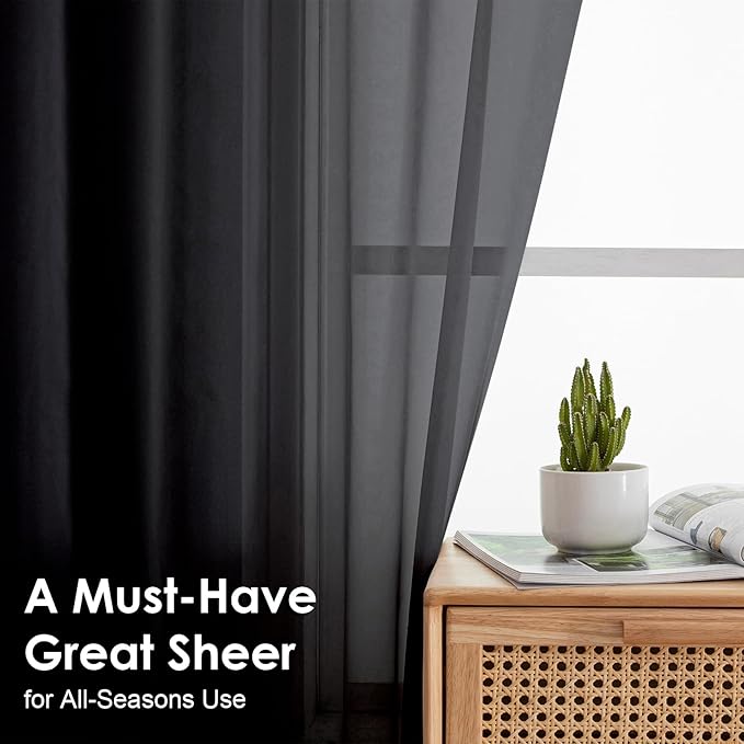 OVZME Black Sheer Curtains 78 Inches Long 2 Panels - Soft Light Filtering Window Sheer Panels for Living Room/Bedroom, Top Dual Rod Pocket, 1 Pair, Each 42Wx78L Inches