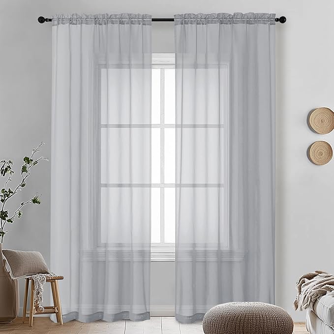 OVZME Light Grey Sheer Curtains 90 Inches Long 2 Panels - Soft Light Filtering Window Sheer Panels for Living Room/Bedroom, Top Dual Rod Pocket, 1 Pair, Each 42Wx90L Inches