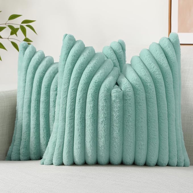 decorUhome Summer Cozy Faux Fur Throw Pillow Covers 22x22 Set of 2 Decorative Soft Plush Striped Modern Farmhouse Boho Couch Euro Sham Pillow Cases with Velvet Back for Sofa Bed Living Room, Aqua