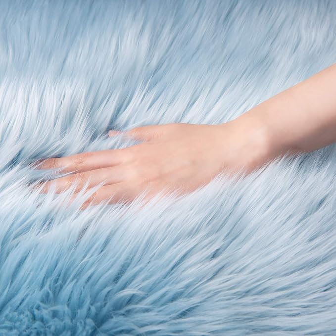 Ashler faux fur rug, Fluffy Shaggy Area Rug Ultra Soft 2 x 3 Feet Sheepskin Fur Rug, Light Blue Fuzzy Rug Machine Washable Shag Rug, Nursery Decor Throw Rugs for Bedroom, kids room, Living Room