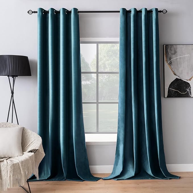 MIULEE Blue Velvet Curtains 72 Inches Length Blackout Curtains Thermal Insulated Soundproof Room Darkening Grommet Curtains/Drapes for Living Room Bedroom 52 x 72 Inch 2 Pcs Peacock Blue