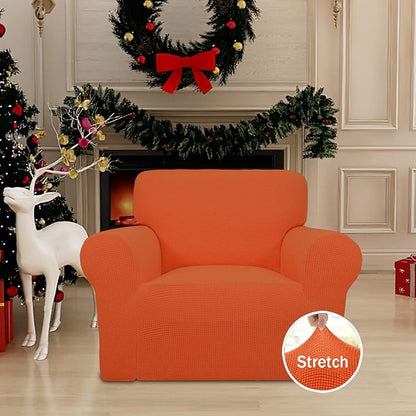 Easy-Going Stretch Chair Sofa Slipcover 1-Piece Couch Sofa Cover Furniture Protector Soft with Elastic Bottom for Kids, Pet. Spandex Jacquard Fabric Small Checks (Chair, Orange)