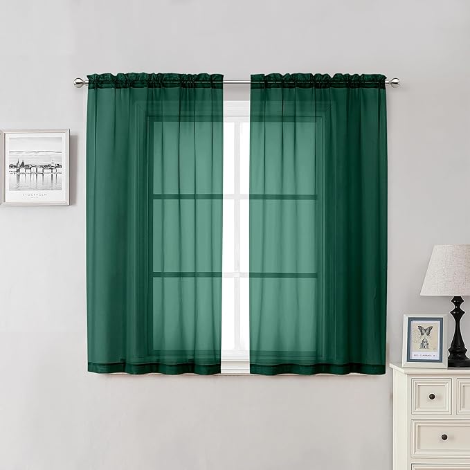 Lecloud Hunter Green Sheer Curtains 54 Inch Length 2 Panels, Voile Light Filtering Curtains with Rod Pocket, Transparent Tulle Drapes for Bedroom Laundry, Each Panel 42 X 54 Inch