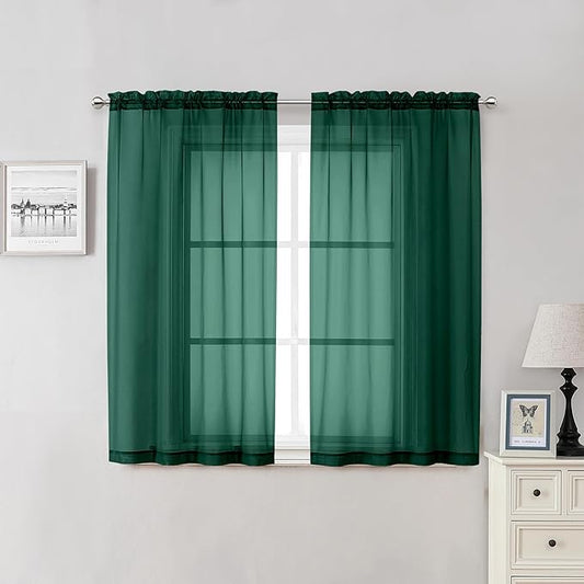 Lecloud Hunter Green Sheer Curtains 54 Inch Length 2 Panels, Voile Light Filtering Curtains with Rod Pocket, Transparent Tulle Drapes for Bedroom Laundry, Each Panel 42 X 54 Inch