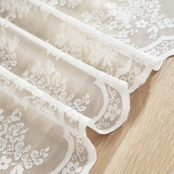 YJ YANJUN Vintage Lace Curtains Short 2 Panels Victorian Floral Farmhouse Cafe 30 inch Curtains for Basement, Kitchen, Bathroom, Laundry Room Small Window Privacy Rod Pocket 26" x 30" Cream