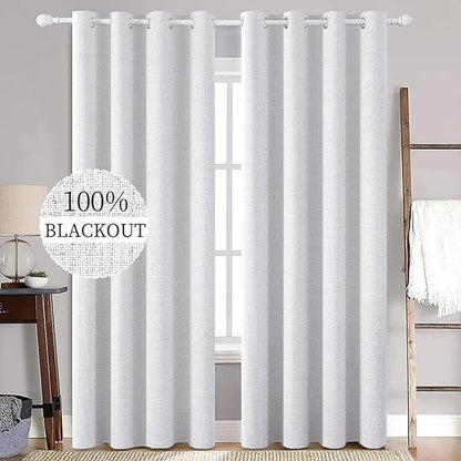 MIULEE Linen Texture 90 Inches Curtains for Bedroom 100% Blackout Thermal Insulated Grayish White Grommet Darkening Curtains for Living Room Nursery 52x90 Inch (2 Panels)