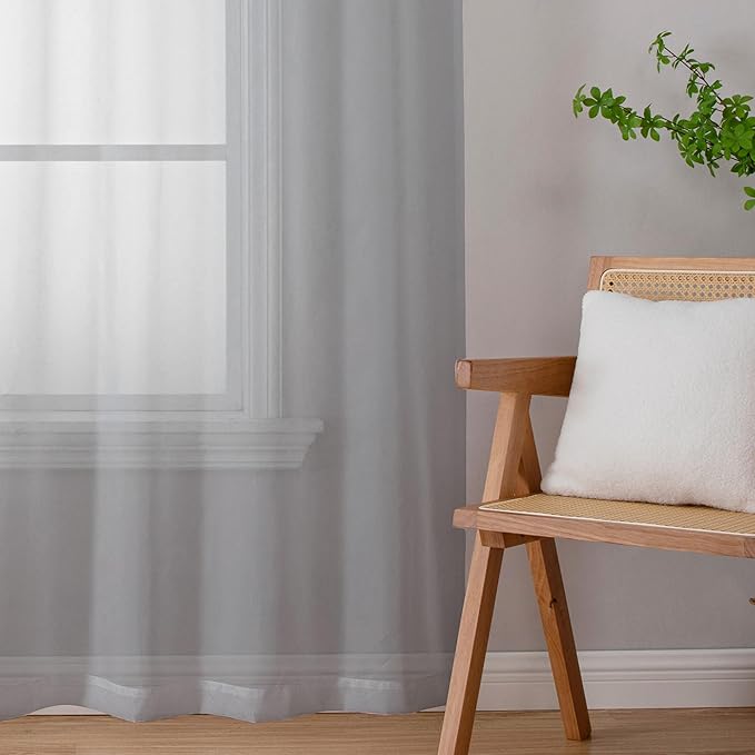 Lecloud Light Grey Sheer Curtains 54 Inch Length 2 Panels, Airy & Breathable Solid Voile Silver Gray Curtain with Dual Rod Pockets, Kitchen/Bedroom/Living Room Window Short Drapes, 40x54 Inch