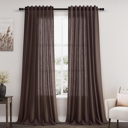 Coffee Linen Curtains 102 Inches Long for Living Room 2 Panel Set Back Tab Rod Pocket Semi Sheer Curtains Light Filtering Burlap Extra Long Drapes Neutral Farmhouse Decor for High Window 52x102
