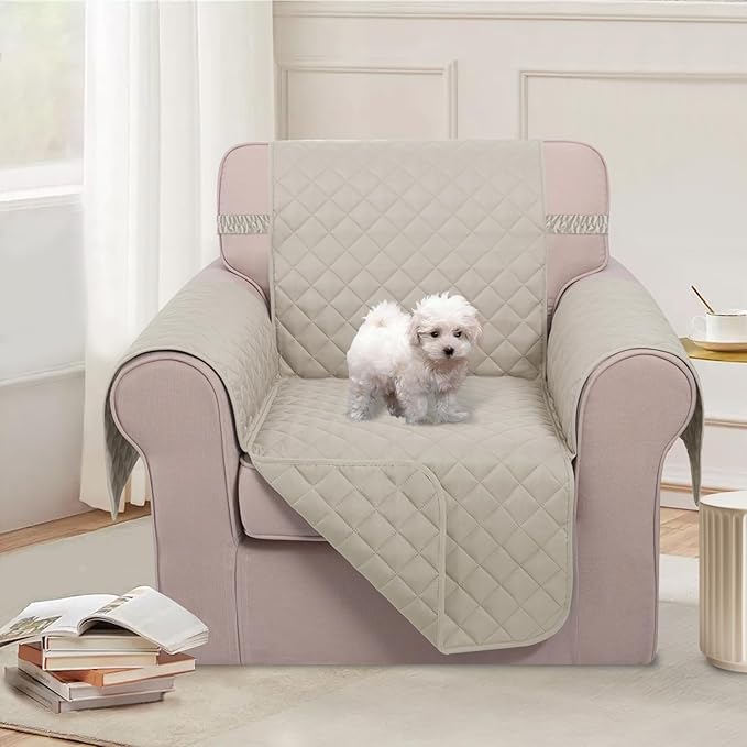 U-NICE HOME Reversible Oversized Chair Covers Quilted Water Repellent Pet Protectors with Elastic Straps(28''Armchair, Beige/Beige)