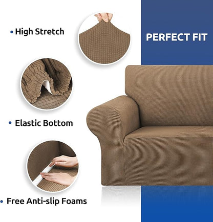KEKUOU Stretch Loveseat Sofa Cover Slipcover,Couch Covers for 2 Cushion Couch Sofa (55"-78") Furniture Protector Sofa with Elastic Bottom for Kids,Dog. Jacquard Small Checked(Medium,Camel)