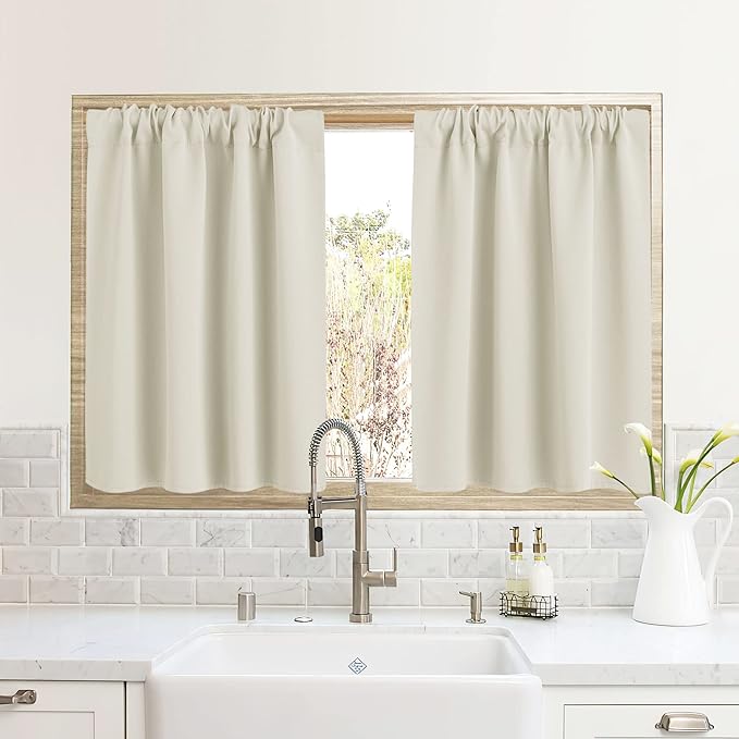 RYB HOME RV Curtains for Camper Windows, Mini Small Thermal Insulated Sunlight Heat Blocking Blocking Privacy Portable Curtains for Travel Trailer, Width 34 by Length 24, Beige, 2 Panels