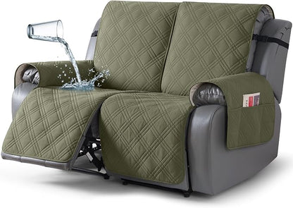 TAOCOCO 100% Waterproof Loveseat Recliner Covers 2 Seater, Split Loveseat Covers for Reclining loveseat, Non Slip Reclining Couch Cover with Double Straps for Kids, Pets(2 Seater, Green)