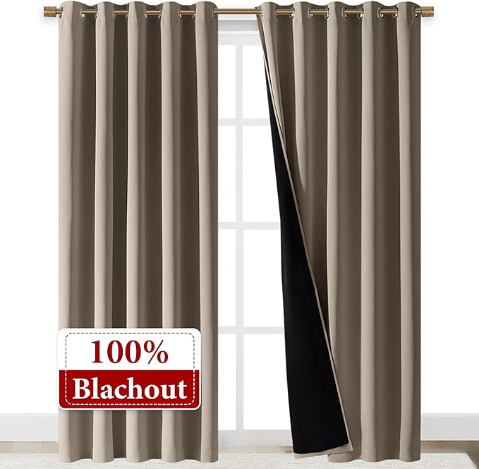 NICETOWN Total Shade Curtains and Draperies, Heavy-Duty Full Light Shading Drapes with Black Liner Backing for Villa/Hall/Dorm Window（Taupe, Package of 2 Panels, 70 inches Wide x 95 inches Long
