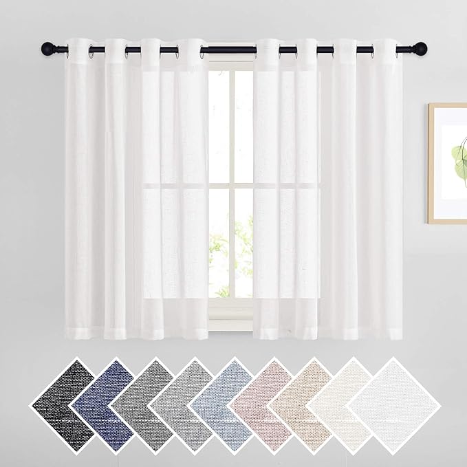 NICETOWN 45" Long White Flax Linen Sheer Bedroom Curtains Grommet, Decorative Window Treatment Draperies Privacy with Light Through for Kitchen/Nursery/Bathroom, 52" Wide, Sold as 2 Panels