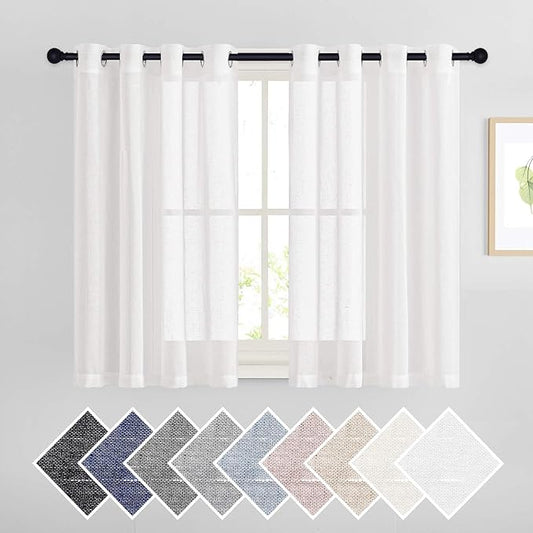 NICETOWN 45" Long White Flax Linen Sheer Bedroom Curtains Grommet, Decorative Window Treatment Draperies Privacy with Light Through for Kitchen/Nursery/Bathroom, 52" Wide, Sold as 2 Panels