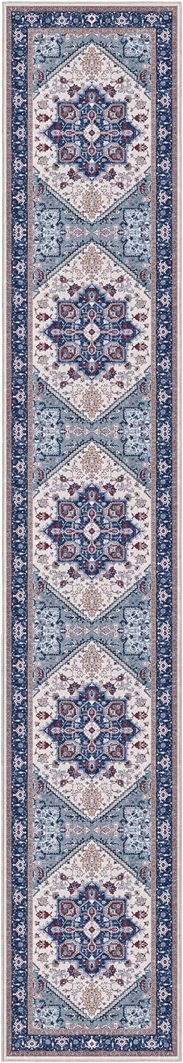 OPPODREAM Soft Entryway Rug 2x12, 2x12 Rug Runner, Washable Hallways Carpet 2 x 12 with Non Slip Backing, Low-Pile Bedside Carpet 2 x 12, Long, Faux Cashmere, Navy Blue & Red & Cream