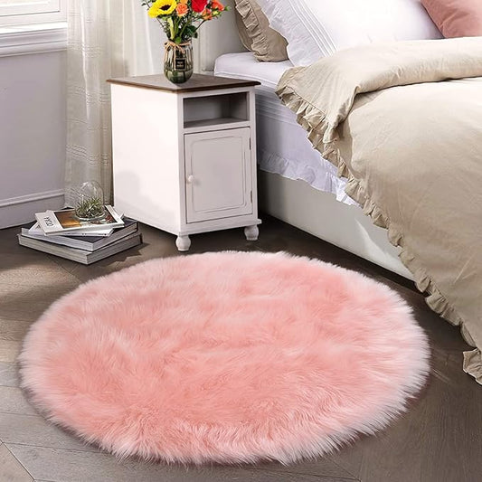 Latepis Pink Faux Sheepskin Round Rugs 6.7ft Cute Furry Rug for Bedroom Girls Large Circle Rug for Living Room Entertainment Room Fluffy Rugs Luxury Home Decor