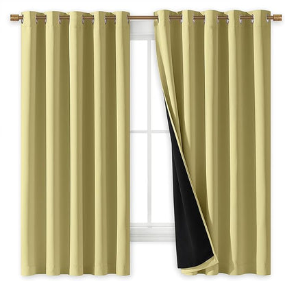 NICETOWN 100% Blackout Curtains with Black Liners, Thermal Insulated Full Blackout 2-Layer Lined Drapes, Energy Efficiency Window Draperies for Bedroom (Paler Yellow, 2 Panels, 70-inch W by 63-inch L)