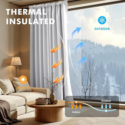 MIULEE 100% Blackout Linen Curtains for Bedroom, Grayish White Solid Luxury Decor Thermal Insulation Room Darkening Drapes for Living Room Nursery Back Tab Rod Pocket 42 x 63 Inches, 2 Panels