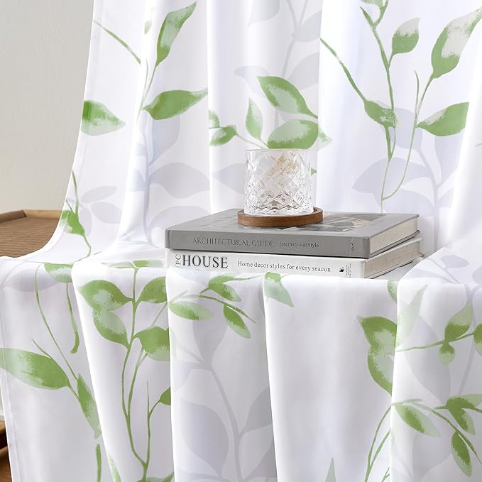 HOMEIDEAS Non-See-Through Sage Green and White Privacy Sheer Curtains 52 X 63 Inch Length 2 Panels, Leaf Floral Printed Light Filtering Semi Sheer Window Curtains Drapes for Bedroom Living Room